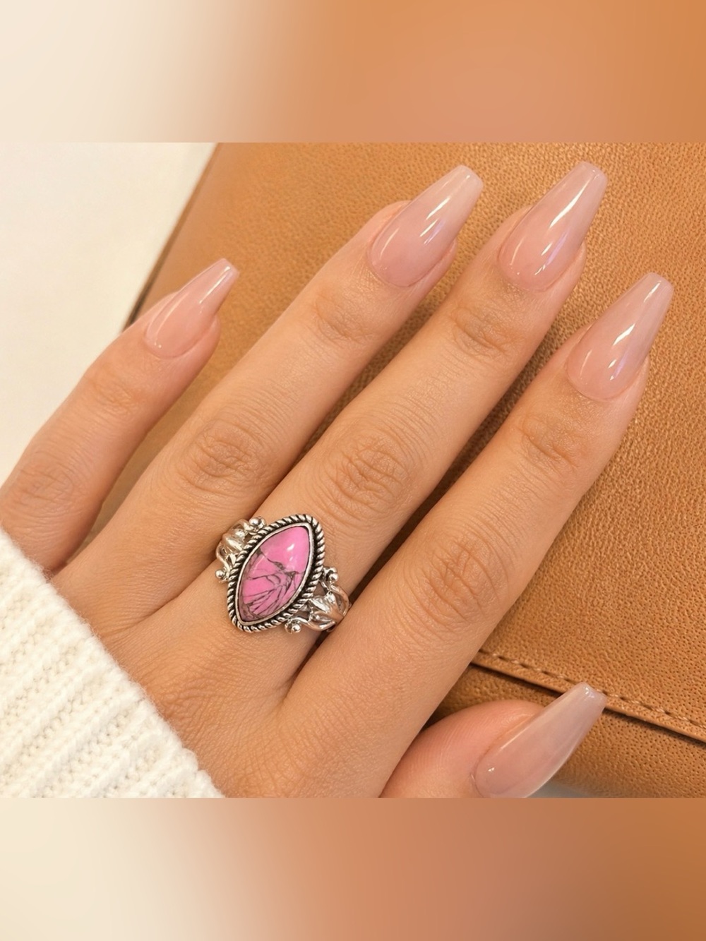 Sterling Silver 925 Pink Turquoise Marquise Ring